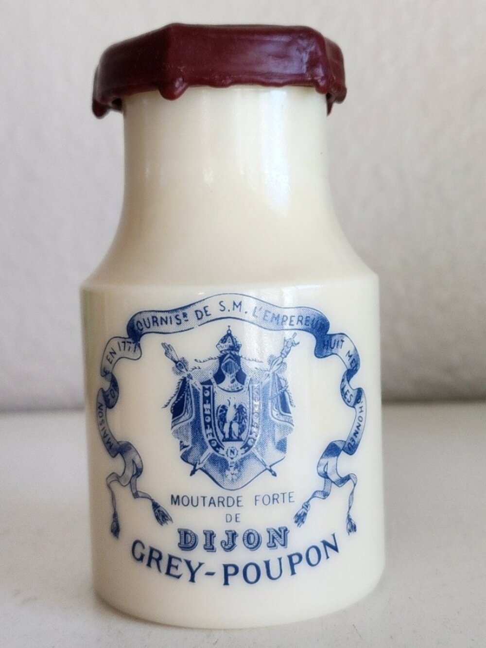 Vintage French GREY-POUPON DIJON Advertising Milk Glass Opaline Mustard Pot